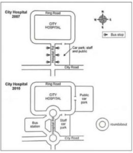 The two maps below show road access to a city hospital in 2007 and 2010