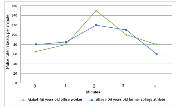 The graph shows a comparison in the pulse rate changes between two different individuals of different ages and professions